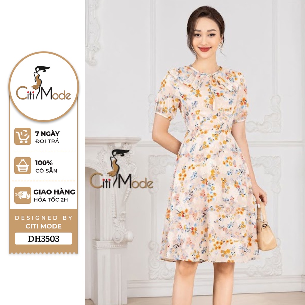 Đầm công sở CITI MODE FASHION dáng xòe thiết kế cổ xếp ly buộc dây DH3503