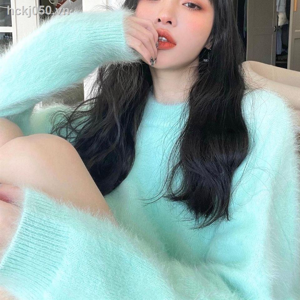 ♈♕✥Tinh khiết mong muốn gió bạc hà màu xanh lá cây dài lông chồn len áo len lông cừu của phụ nữ dài trung bình phong cách lười biếng lỏng chồn đan dày mùa thu và mùa đông