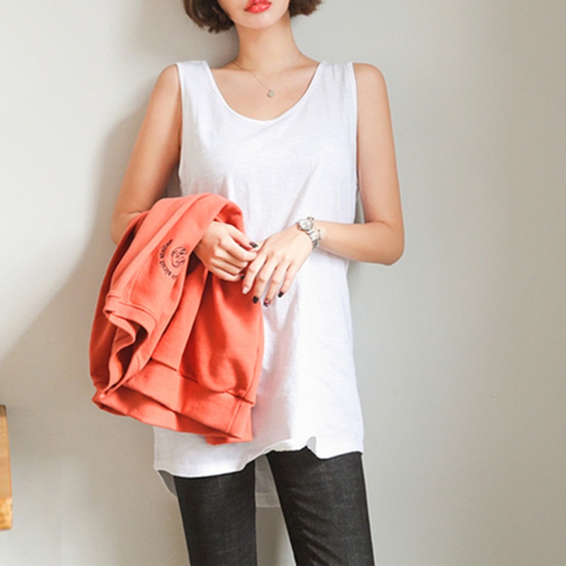 Áo Thun Nữ Cộc Tay Cổ Tròn Dáng Dài Không Tay Màu Trơn Thời Trang Mùa Hè