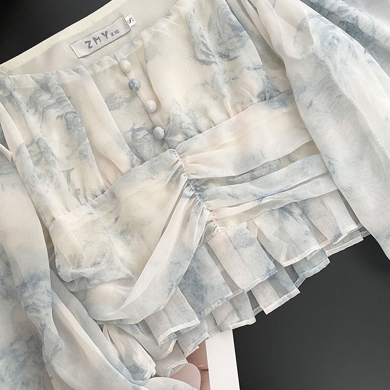 Áo Sơ Mi Chiffon Tay Dài Dáng Ngắn In Họa Tiết Mực Kiểu Pháp Thời Trang Mùa Hè Mới Cá Tính Cho Nữ