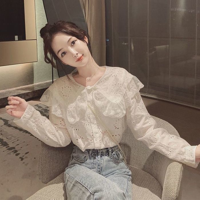 Áo sơ mi cổ búp bê phối ren màu trắng ngọt ngào phong cách Hàn Quốc thời trang mùa xuân mới cho nữ 2021 | BigBuy360 - bigbuy360.vn