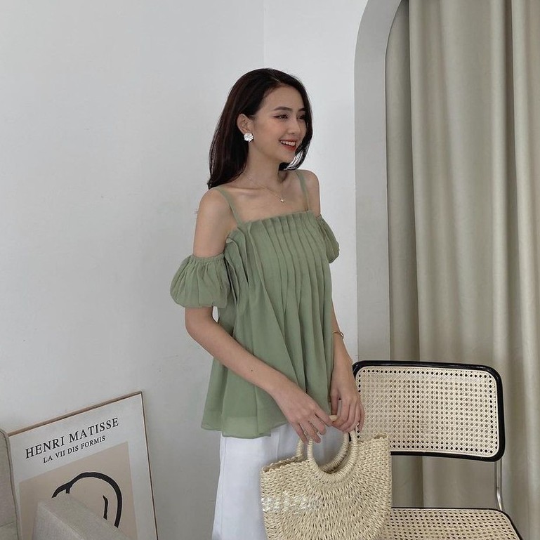 Áo kiểu nữ ngắn tay chất dập ly [2 lớp] Croptop hở vai tiểu thư siêu xinh - Trễ vai tay bồng chất tơ cao cấp A-2DL | BigBuy360 - bigbuy360.vn