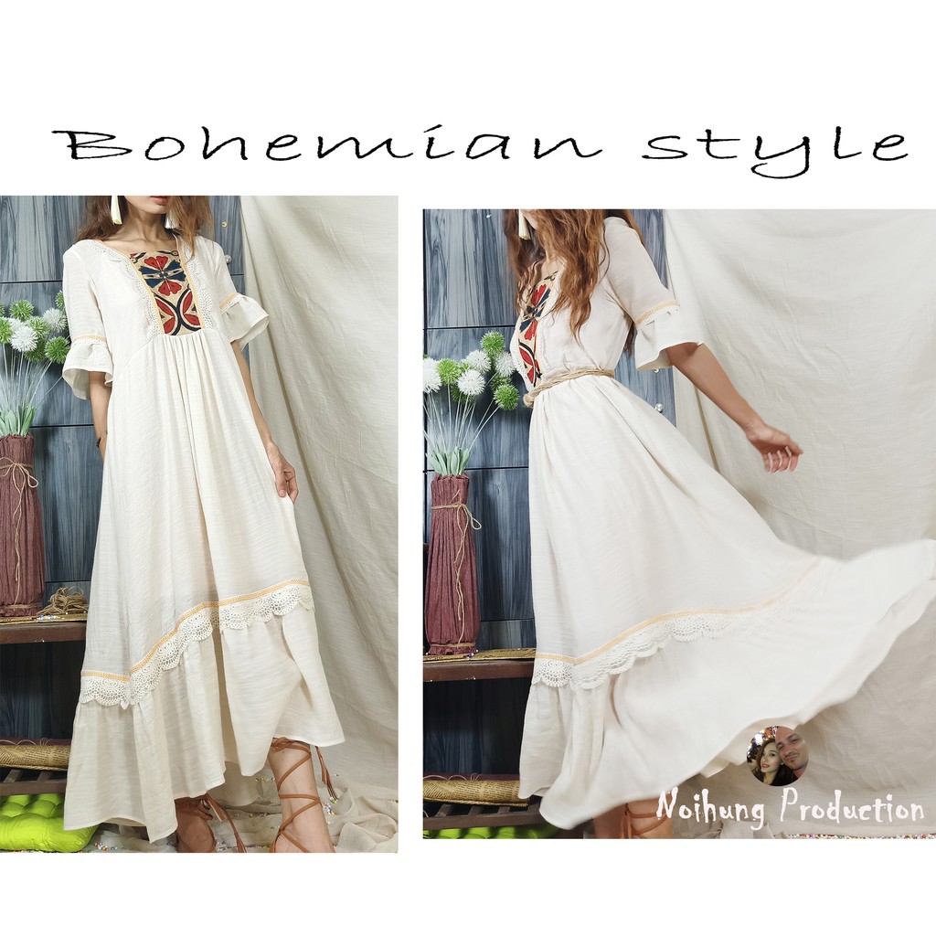 Đầm Váy Bohemian thổ cẩm maxi vintage dáng dài suông rộng đi biển đẹp xinh rẻ độc lạ tay lỡ Đủ bigsize bầu S M L XL XXL