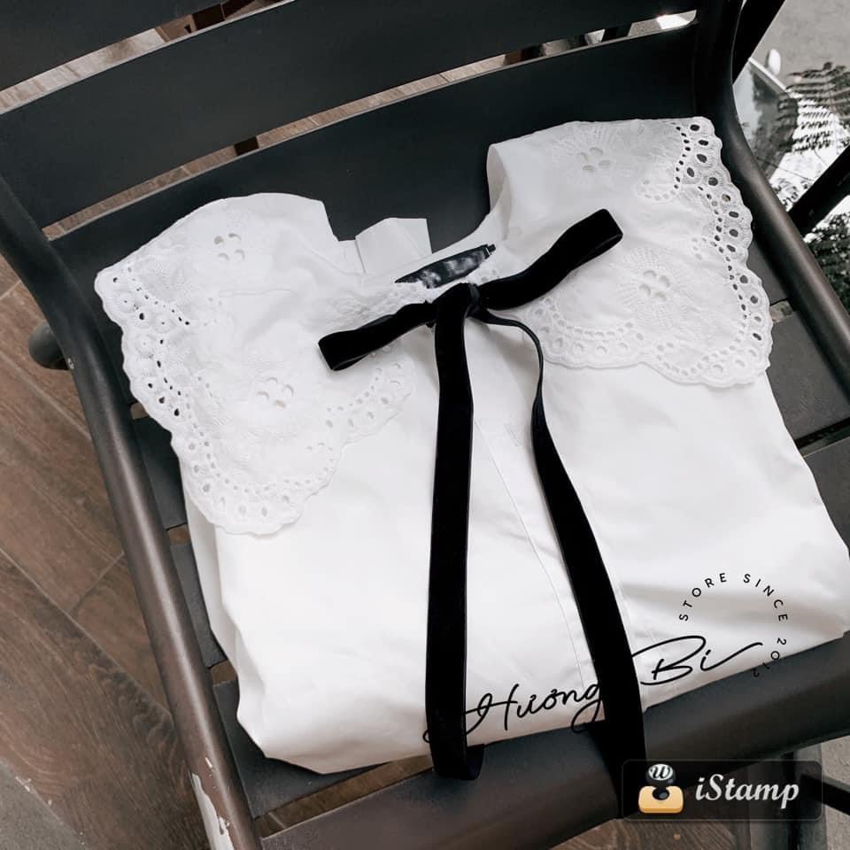 ÁO SƠ MI TRẮNG NƠ ĐEN cổ sen phối ren tay bồng dáng thụng tiểu thư cá tính bánh bèo công sở đi làm đi học