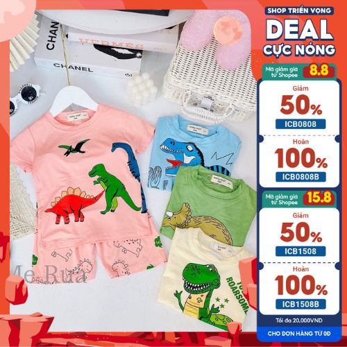 Đồ bộ thun cộc tay cho bé trai bé gái hình khủng long hàng Minky mom, cả bộ áo quần ,CT12, bé 9-32kg