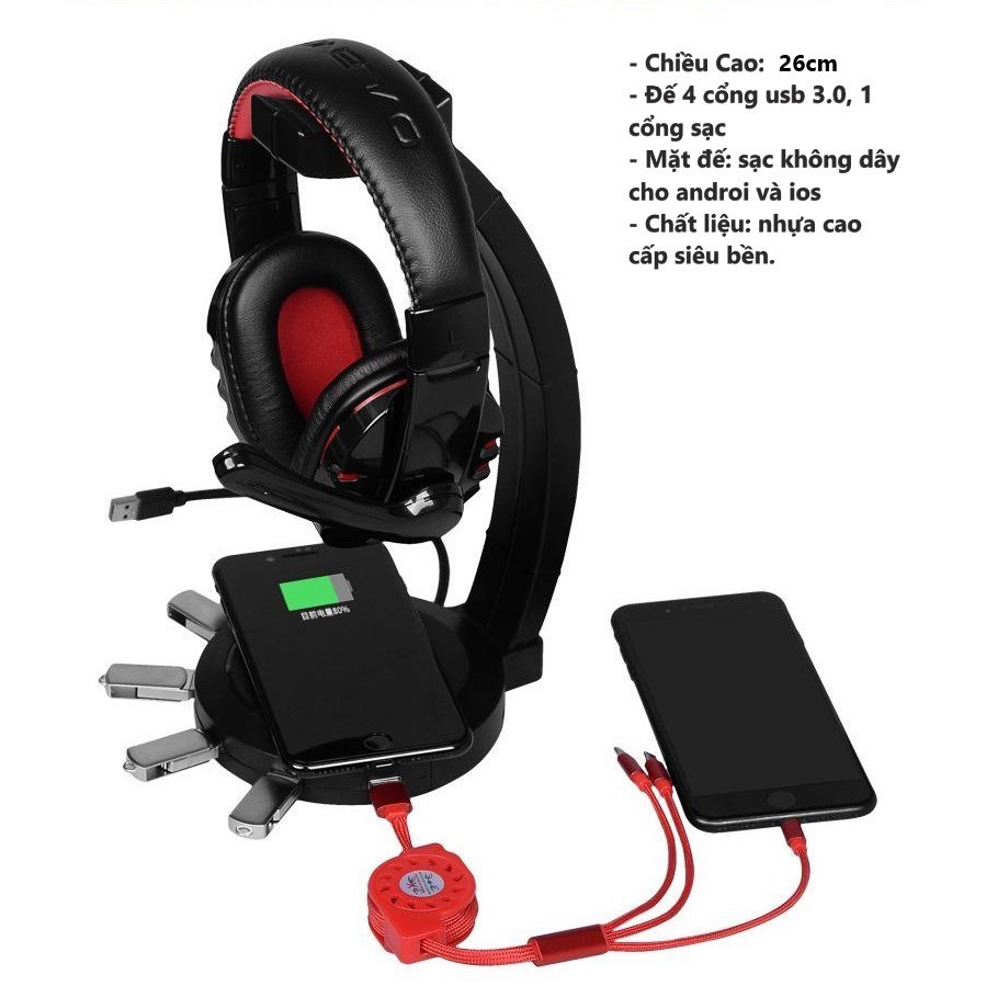 Giá treo tay nghe đa năng 4 cổng USB 3.0+sạc không dây IOS/Androi+ cổng sạc điện thoại nhanh. | BigBuy360 - bigbuy360.vn