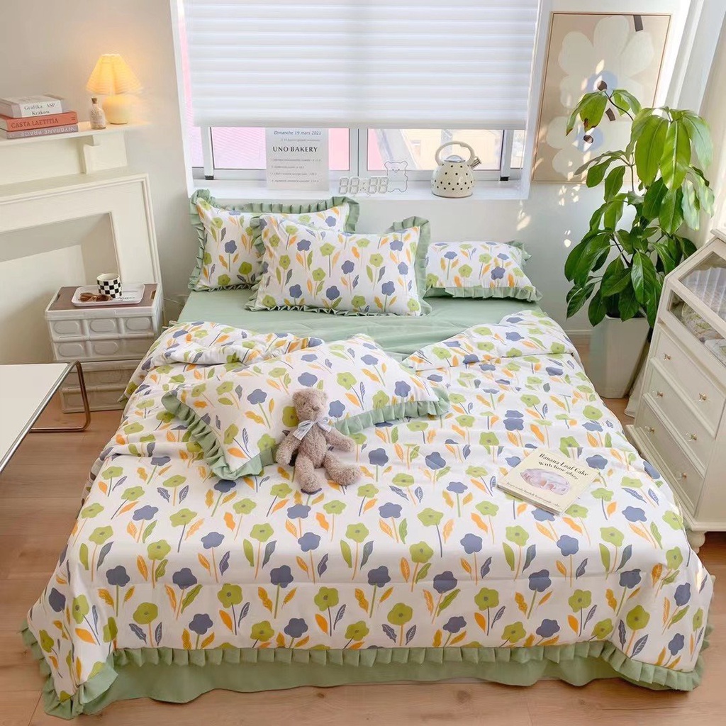 Bộ Chăn Ga Gối Đũi Bèo Ngắn - Cotton Đũi Mềm , Mịn Hoạ Tiết Hoa Lá Hàng Nhập Khẩu Full Set 4 Món | BigBuy360 - bigbuy360.vn
