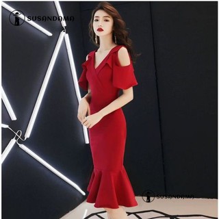 Đầm dự tiệc đuôi cá trễ vai màu trơn