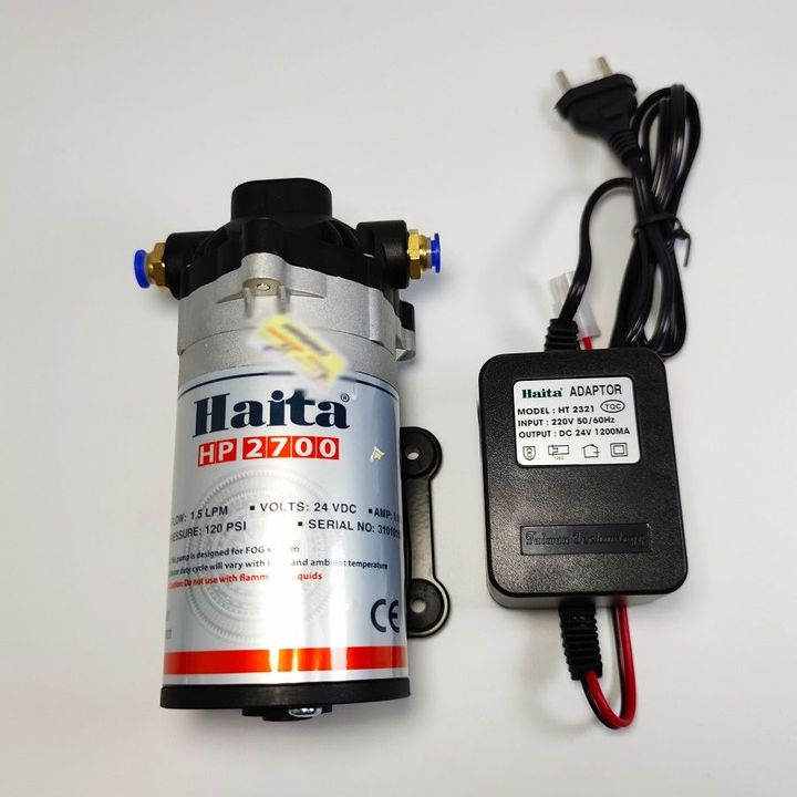 Máy bơm nước mini 24V Haita 2700 có thể dùng bơm phun sương áp lực và nguồn Adaptor 24V