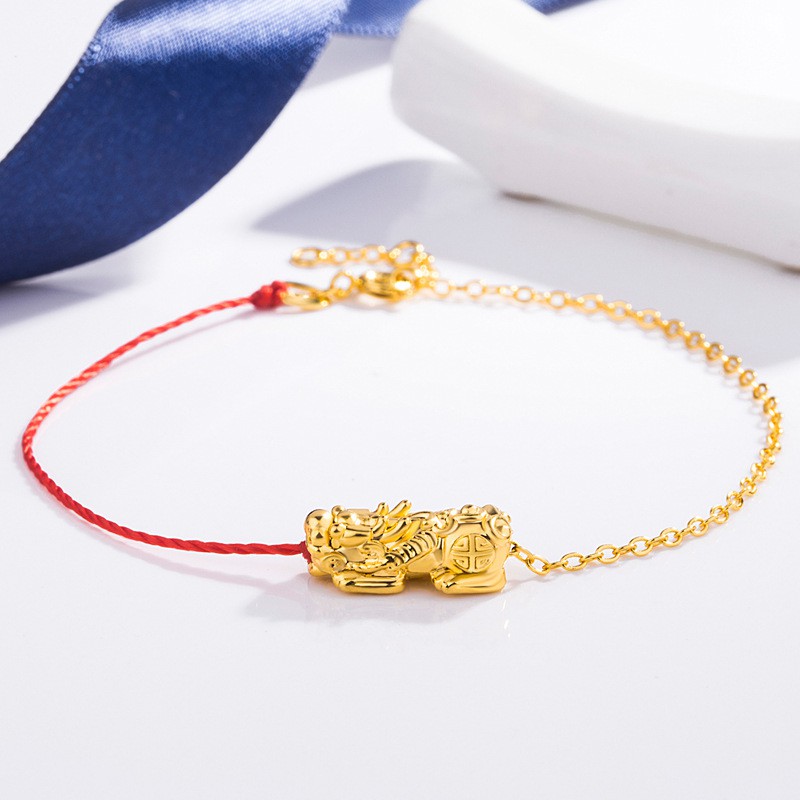 Vòng tay dây đỏ may mắn hình tỳ hưu 3d mạ vàng cứng không phai điều chỉnh được dành cho cặp đôi