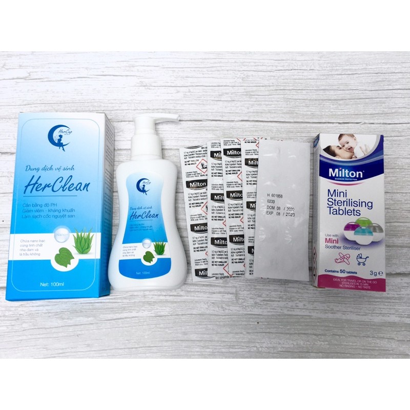 Gel rửa và 1 hộp viên tiệt trùng cốc nguyệt san