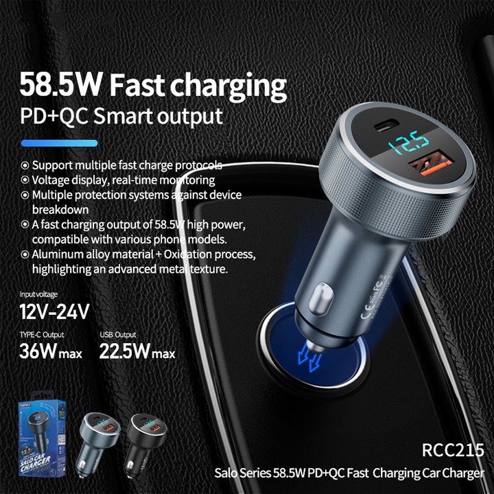 Cốc sạc nhanh xe hơi Remax RCC215 chuẩn PD và QC3.0 max 58.5W (1 cổng USB và 1 cổng Type C)