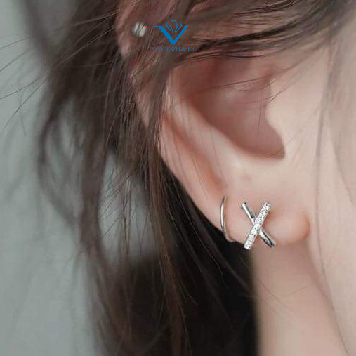(Giá 1 đôi) Bông tai bạc Bông tai chữ X xoắn Van Jewelry V10356 kiểu mới