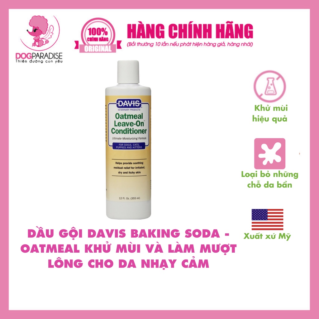 Dầu gội Davis Baking Soda - Oatmeal khử mùi và làm mượt lông cho da nhạy cảm - Dog Paradise