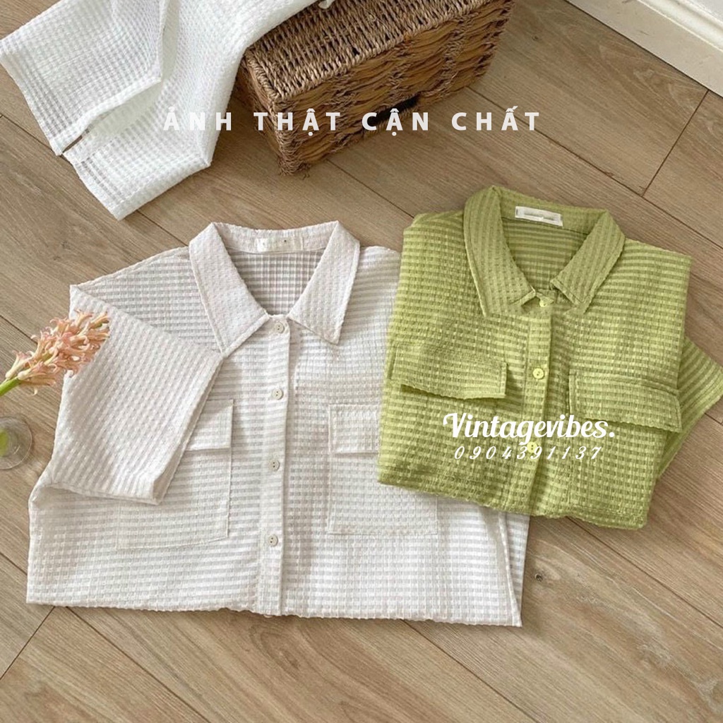 [FREESHIP] Áo sơ mi Hàn Quốc chất xốp kẻ chìm tay lỡ dáng rộng Ulzzang (hàng QC) - Ảnh thật 1000%