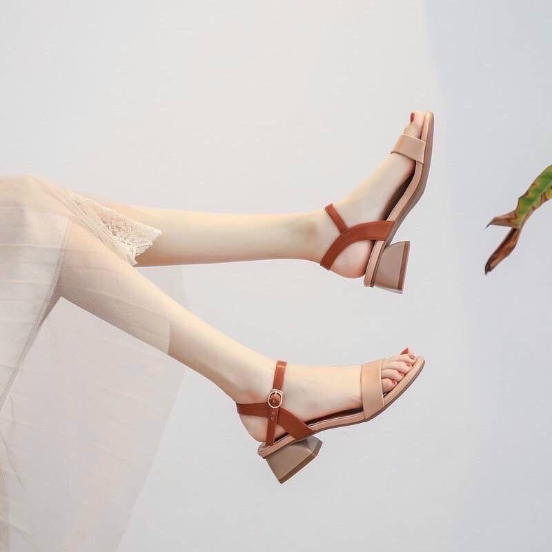 Dép sandal cao gót nữ  giày cao gót 3p quai ngang chất da mềm phối màu phong cách hàn quốc
