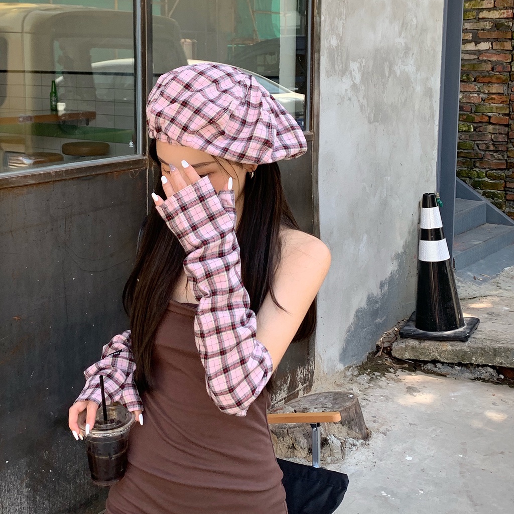 Style Congee Cocoa Mũ Beret Họa Tiết Sọc Caro Đỏ Đầu To Thời Trang Mùa Hè Cho Nữ