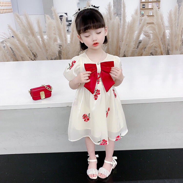 Đầm Tay Phồng Ngắn Thêu Họa Tiết Thắt Nơ Thời Trang Mùa Hè Hàn Quốc Mới Cho Bé Gái 2022