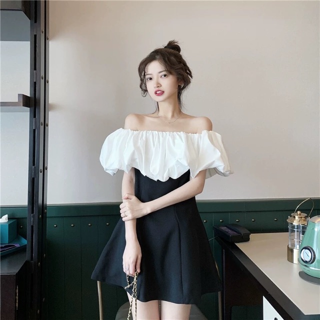 💃 Đầm Nữ Trễ Vai Phối Màu Váy Nữ Dáng Ngắn Chất Đũi