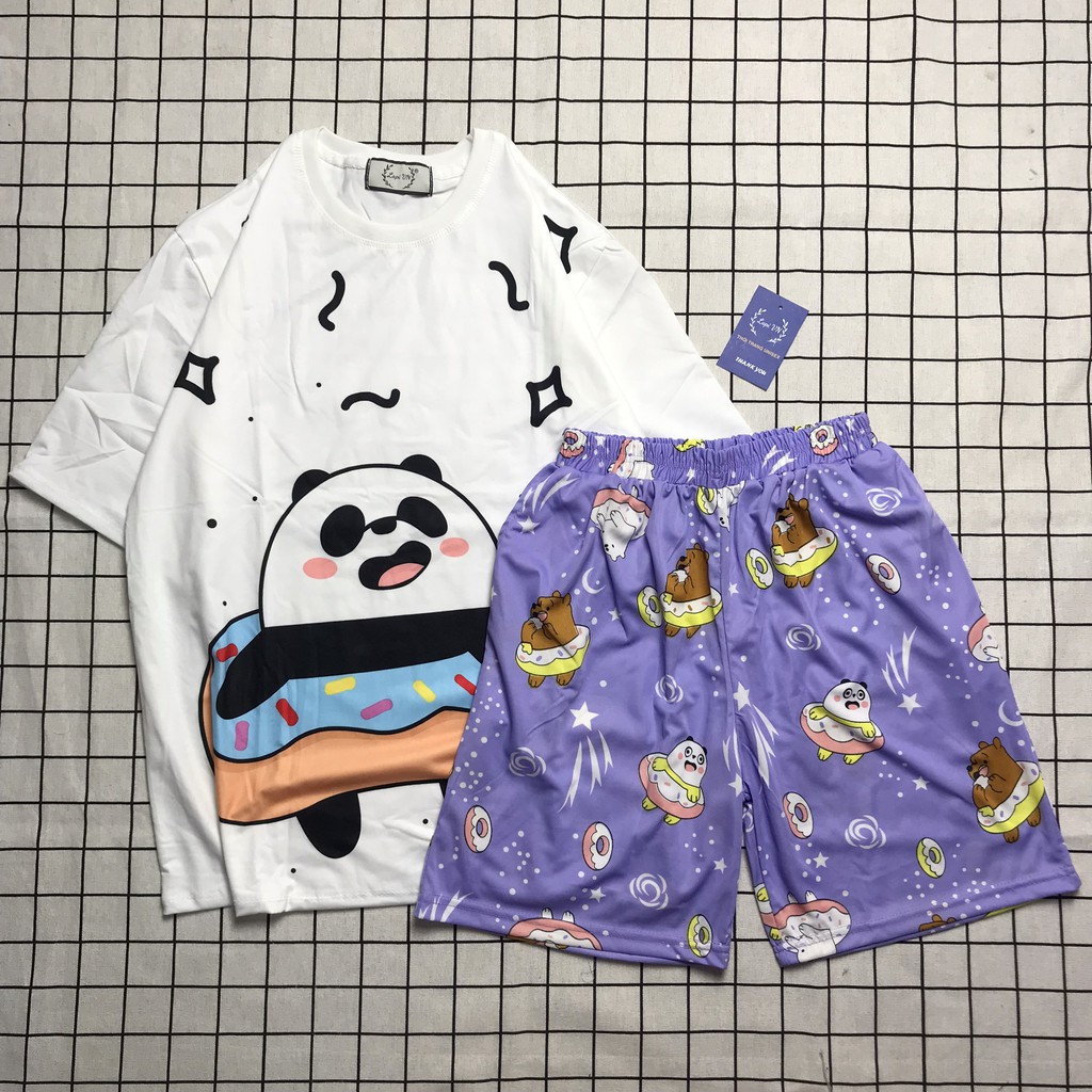 Set Đồ Bộ Gấu Trúc cartoon 3D Cute-Lapi VN Áo+ Quần Đùi Vải Thun Cotton Thoáng Mát, Freesize, Set Trang Phục