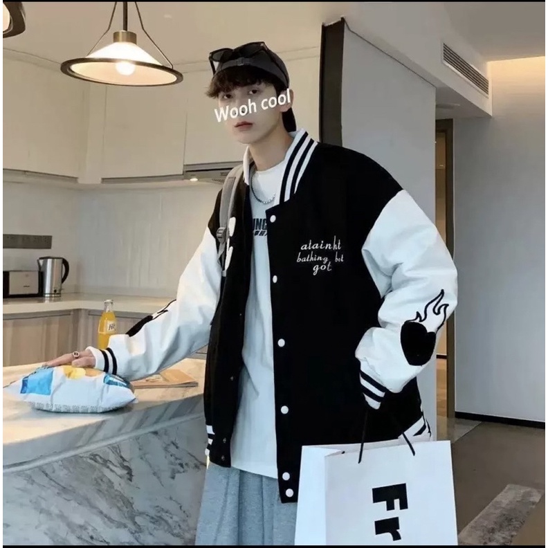 Áo Khoác Bomber Phối Da Siêu Chất In Hình Tim Lửa Siêu Ngầu Dáng Unisex