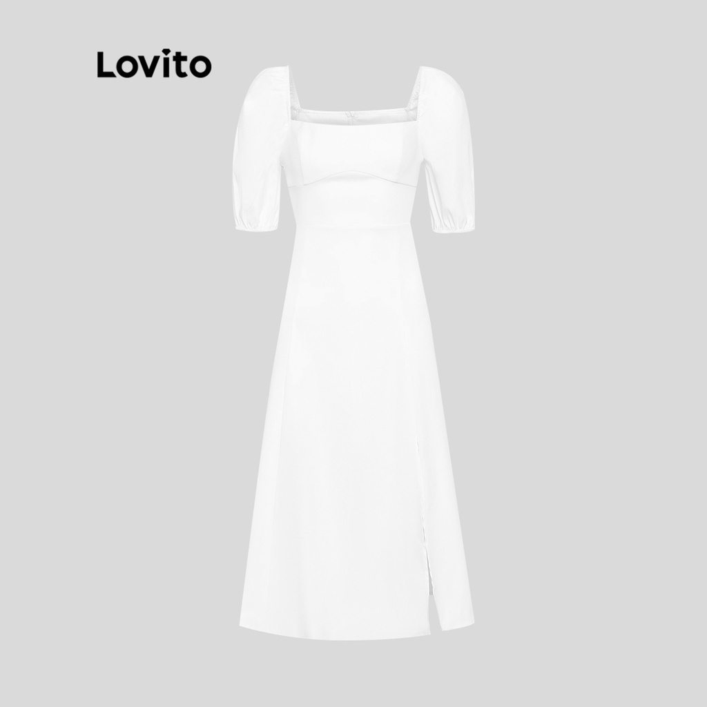 Lovito Áo choàng bóng tay trơn thanh lịch xẻ tà A Line Phụ nữ Váy L34UD029 (Trắng)