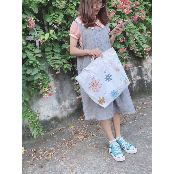 Túi tote canvas DUJOUR in hoạ tiết hoa