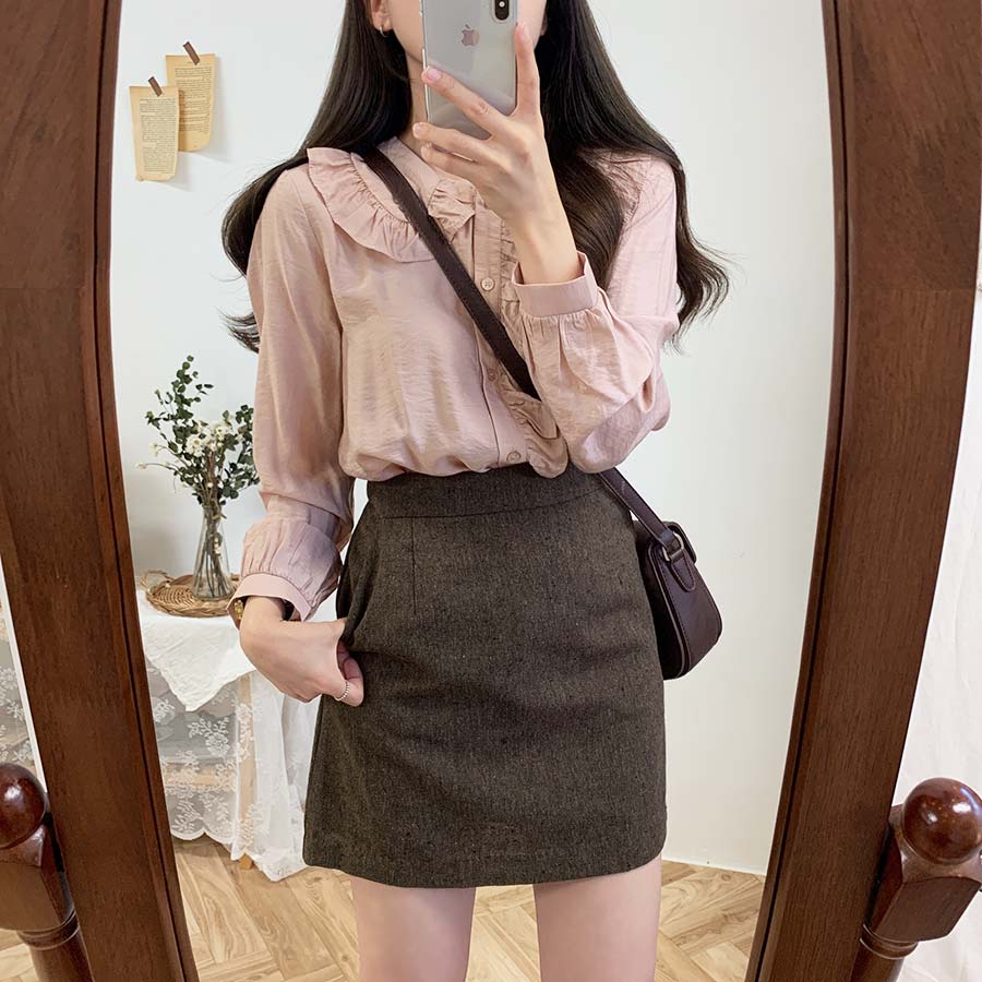 Áo Sơ Mi Dài Tay Cổ Búp Bê Màu Trơn Đơn Giản 30680