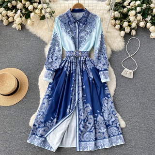 #1187 [Order] Đầm tay dài cổ sơ mi họa tiết phong cách retro 2 màu đủ size