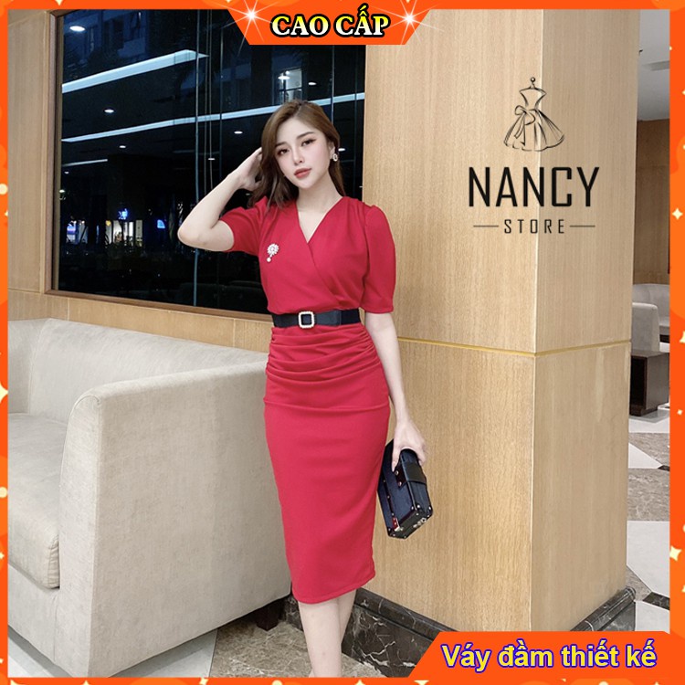 Váy đầm nữ body cổ chéo thắt lưng,dáng ôm tay lửng, cao cấp sang chảnh dự tiệc công sở màu đỏ giúp phái đẹp tự tin hơn