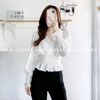 Áo Cổ V Eo Bo Chun Tay Bồng Sang Choảnh, Hách Dáng, 2 Màu Đen - Trắng