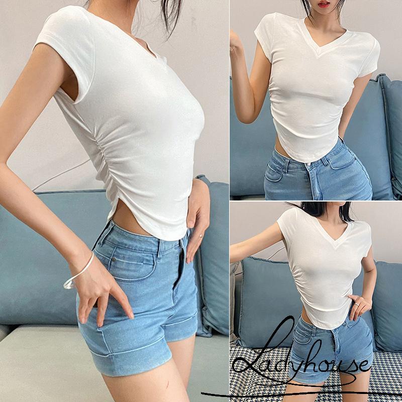 Áo Thun Crop Top Tay Ngắn Cổ Chữ V Màu Trơn Thời Trang Mùa Hè Cho Nữ