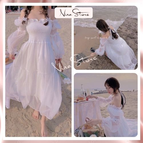 Váy trắng nữ trễ vai dáng dài đầm maxi ôm ngực bo chun có lớp lót chất lụa voan điệu đà tiểu thư đi biển NinaStore