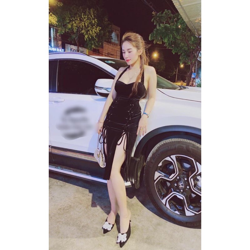 Đầm nhung 2 dây body rút dây siêu đẹp