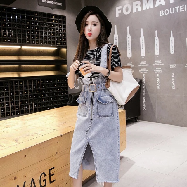 Váy yếm bò-Váy denim nữ đai ngang