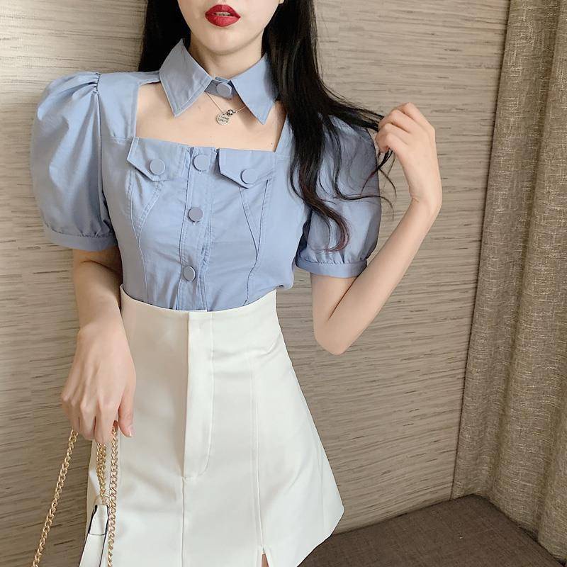 Áo Sơ Mi Lửng Cổ Bẻ Dáng Ôm Phong Cách Hong Kong Thời Trang Mùa Hè Dành Cho Nữ