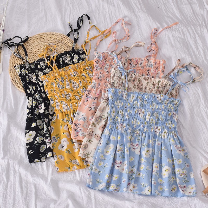 ÁO HAI DÂY CHUN NGỰC PEPLUM BUỘC VAI HOA NHÍ