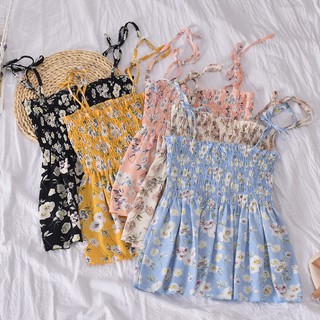 Áo hai dây chun ngực peplum buộc vai hoa nhí