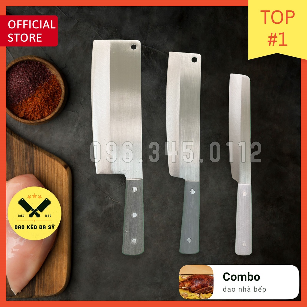 Bộ dao nhà bếp 3 món chặt, thái, gọt hoa quả - Dao Đa Sỹ - thép Nhật trắng không gỉ