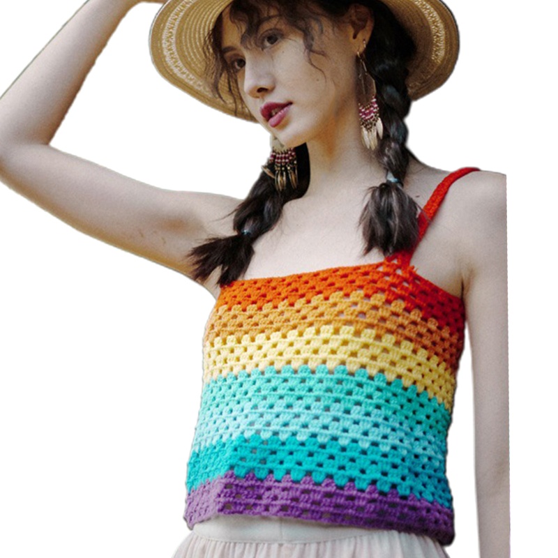 Brroa Áo Croptop Dệt Kim Hai Dây Màu Cầu Vồng Ngọt Ngào Phong Cách Boho Mùa Hè Cho Nữ