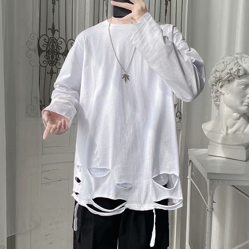 Áo thun tay dài màu trơn phối vết rách phong cách hip hop thời trang dành cho nam