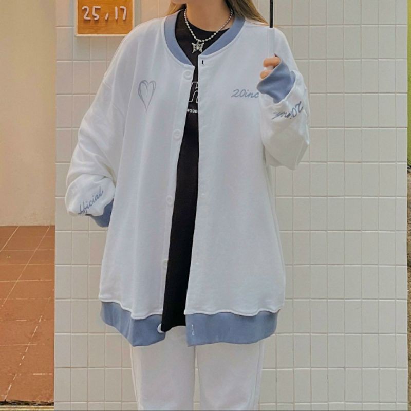 Áo Khoác Nỉ Bông Cardigan WHATISLOVE 20inch Trắng Phối Xanh Đậm Unisex Ulzzang | BigBuy360 - bigbuy360.vn