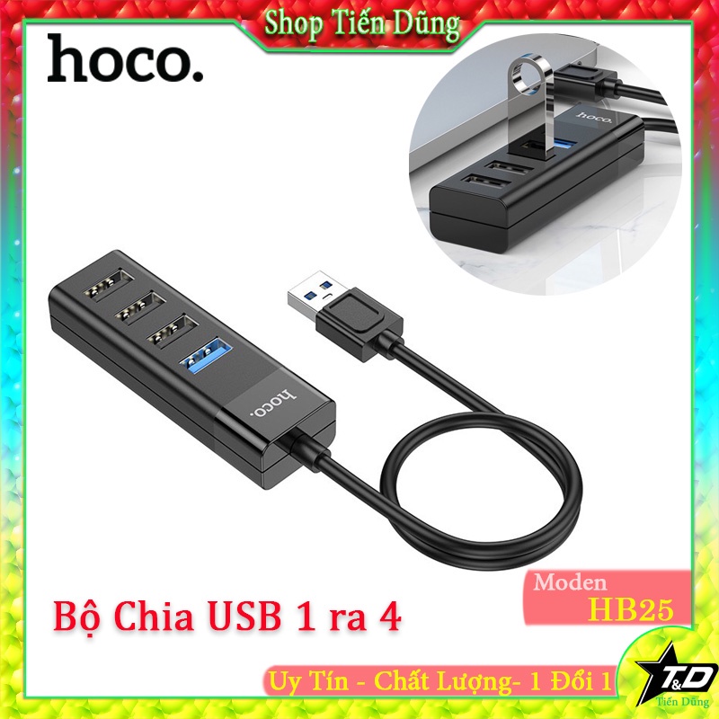 Bộ Chia USB 1 Ra 4 Cổng Hoco HB25 Chân Cắm USB Có 1 Cổng USB 3.0 và 3 cổng USB 2.0 hàng Chính Hãng