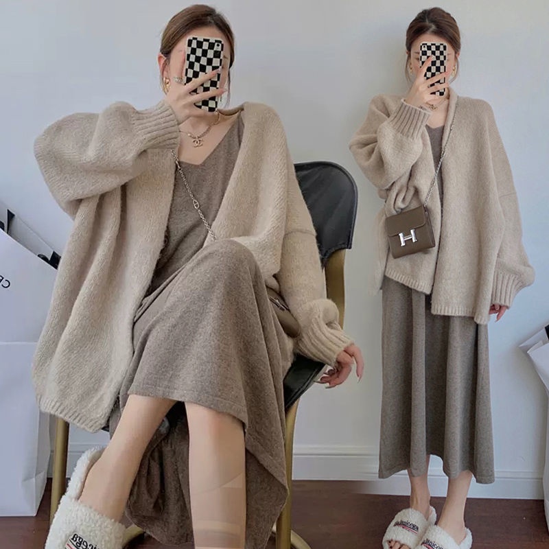 Bộ đồ bà bầu mùa thu và mùa đông phiên bản mới Hàn Quốc thời trang áo khoác cardigan len dệt kim dây treo áo len