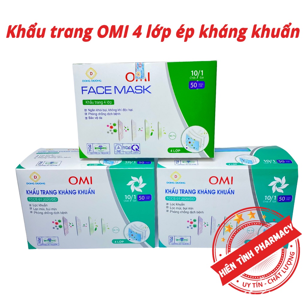 Hộp khẩu trang y tế Omi Facemask 4 lớp kháng khuẩn - HỘP 50 CHIẾC - Chống giọt bắn - Ngăn ngừa khói bụi