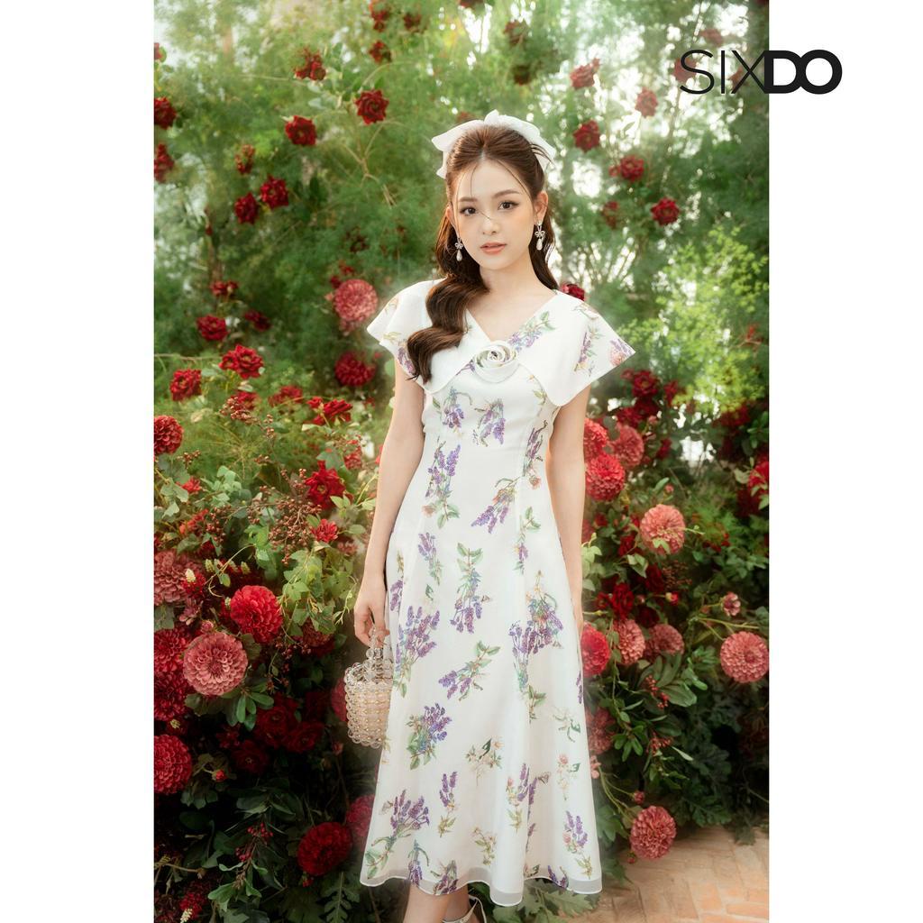 Đầm hoa midi cổ V choàng vai phối hoa thời trang SIXDO-Z