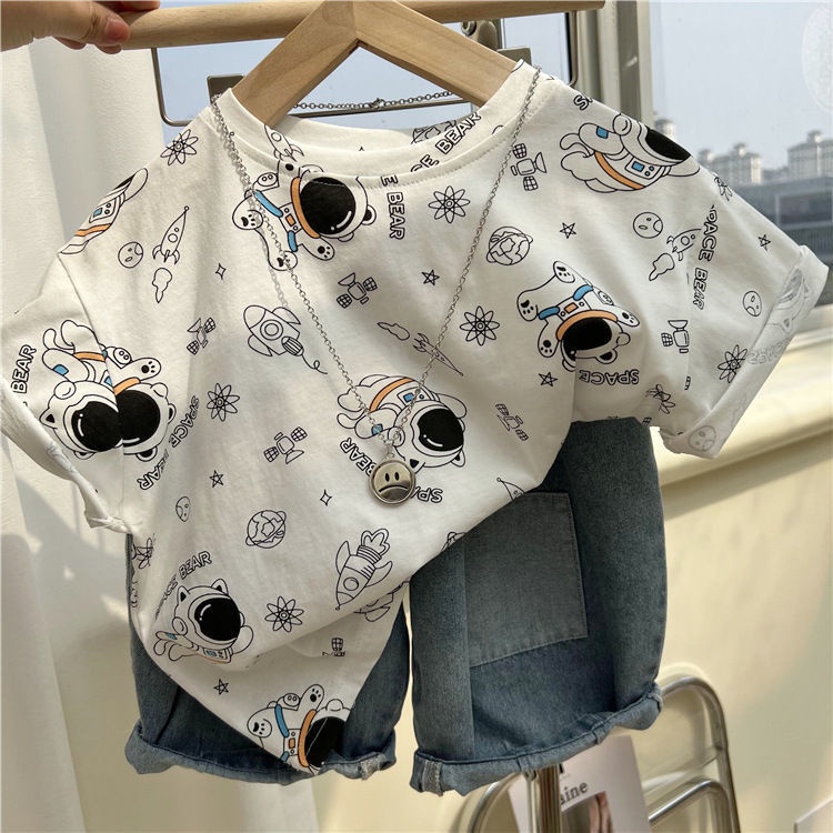Áo Thun Tay Ngắn Dáng Rộng Vải Cotton In Hoạt Hình Kiểu Hàn Quốc Cá Tính Cho Bé Trai