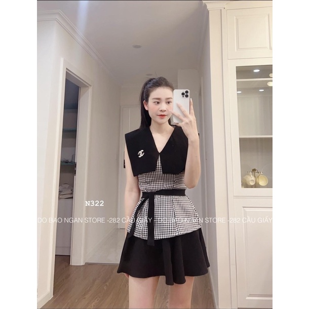 SET ÁO THUỶ THỦ CARO Ô NHÍ TAG SẮT + CHÂN VÁY ĐEN