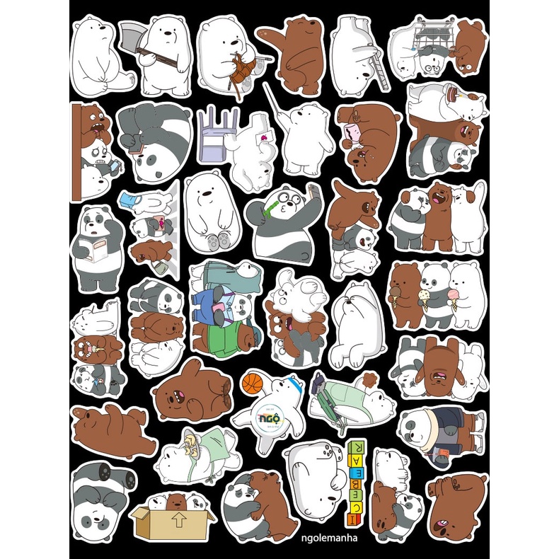 Bộ 36 Stickers Bộ 3 Gấu Trắng Nâu Trúc