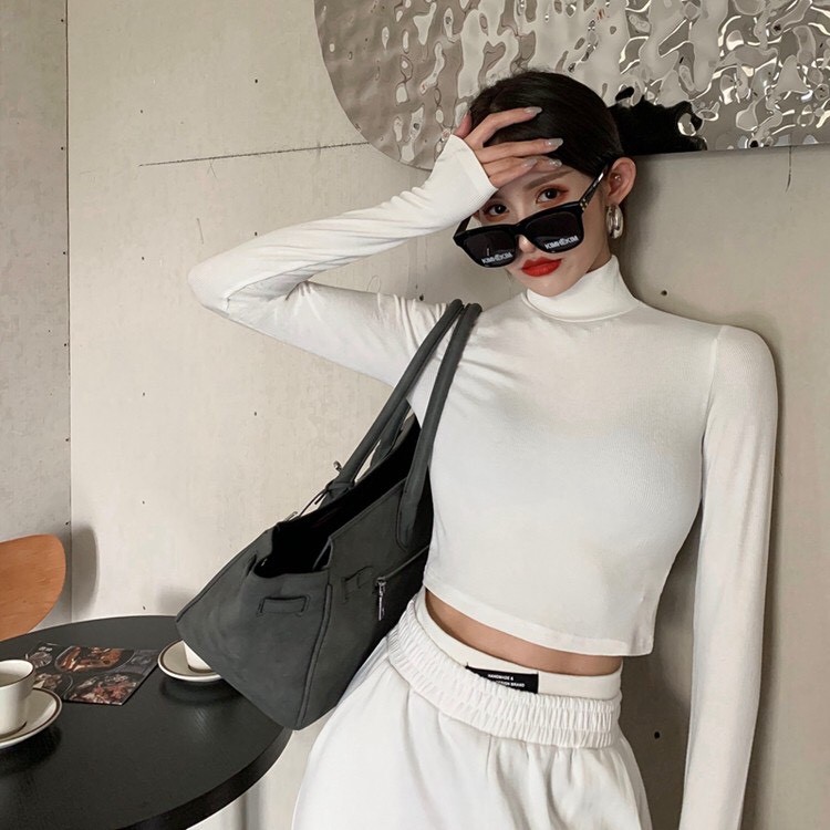 Áo Croptop Cổ Lọ Dài Tay Chất Thun Co Dãn 4 Chiều Mùa Trắng Freesize  "CROPTOP CỔ LỌ TAY DÀI" | BigBuy360 - bigbuy360.vn